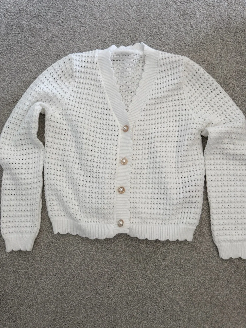 White Waffle-Knit V-Neck Cardigan with Pearl Buttons - Picture 2 of 4